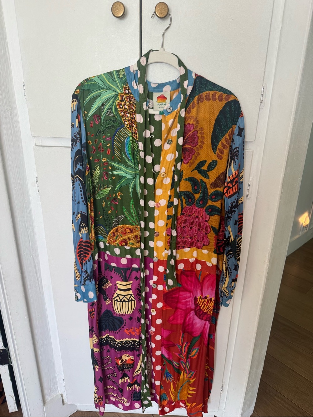 FARM Rio Multicolor Tropical Print Patchwork Button-Front Dress - Picture 2 of 3